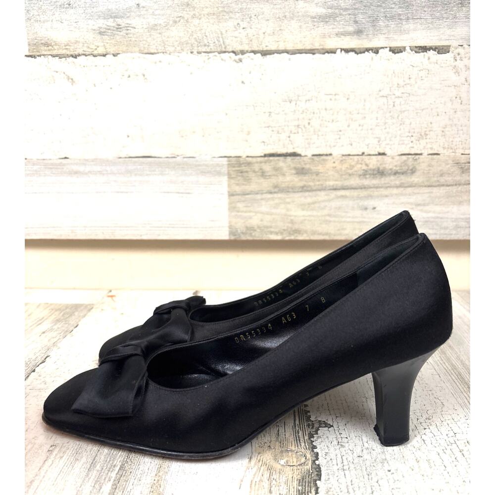 Salvatore Ferragamo Womens 7 Black Satin Bow Luxury Designer Dress Heels